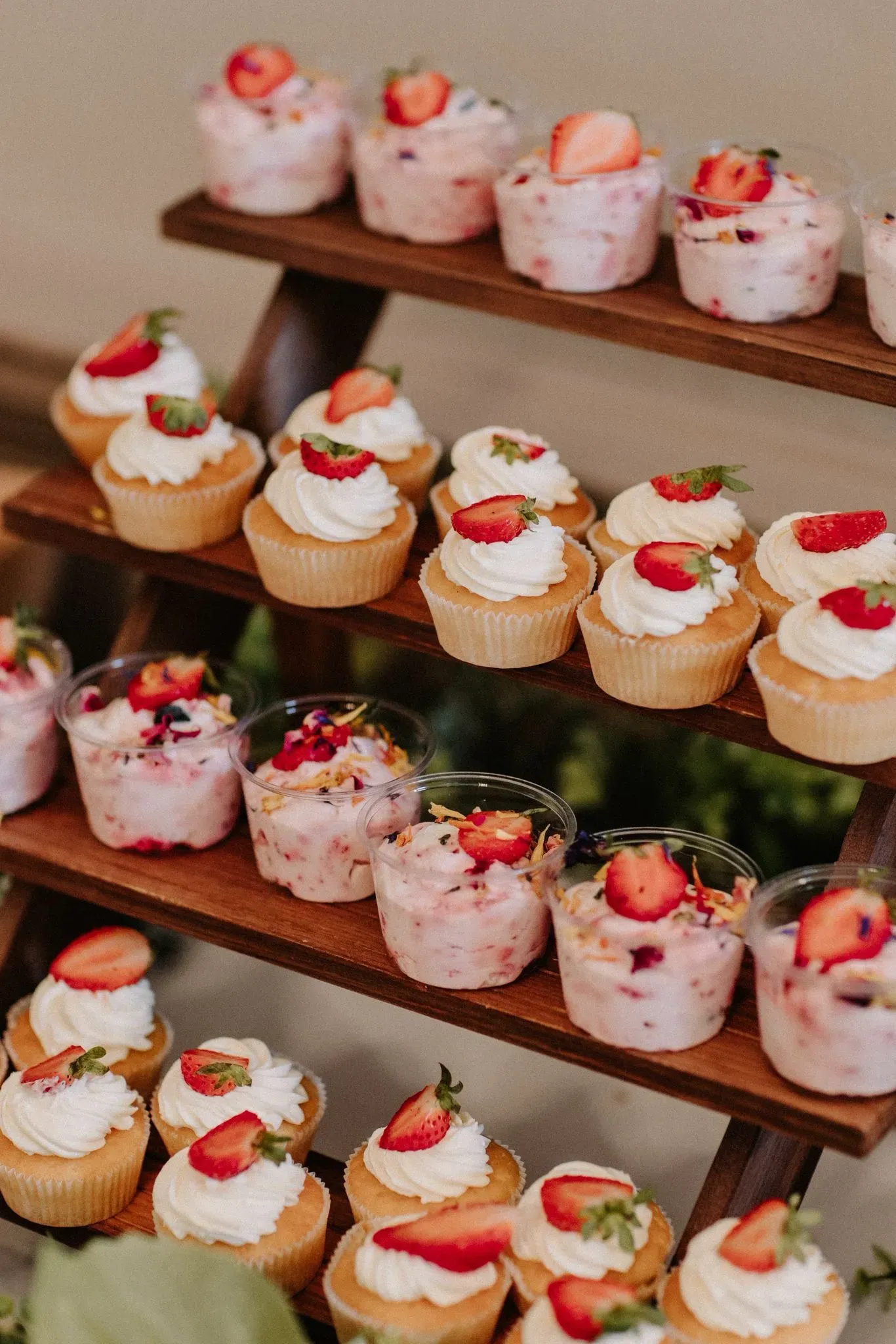 Display of pink and white mini cupcakes